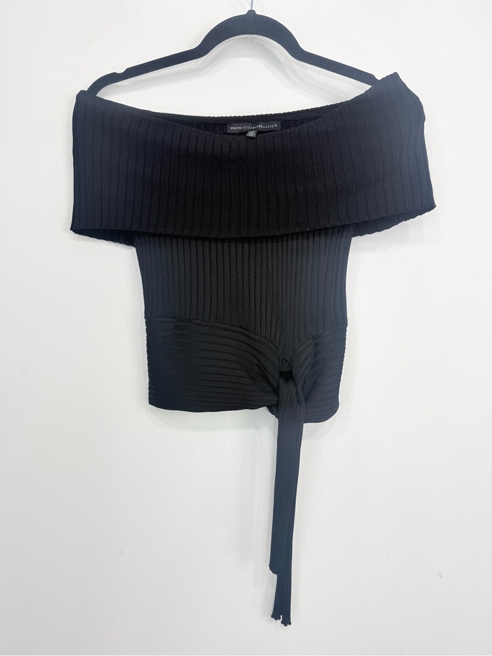 White House Black Market Black Ribbed Knit Off Shoulder Side Tie Crop Sweater - Picture 4 of 13